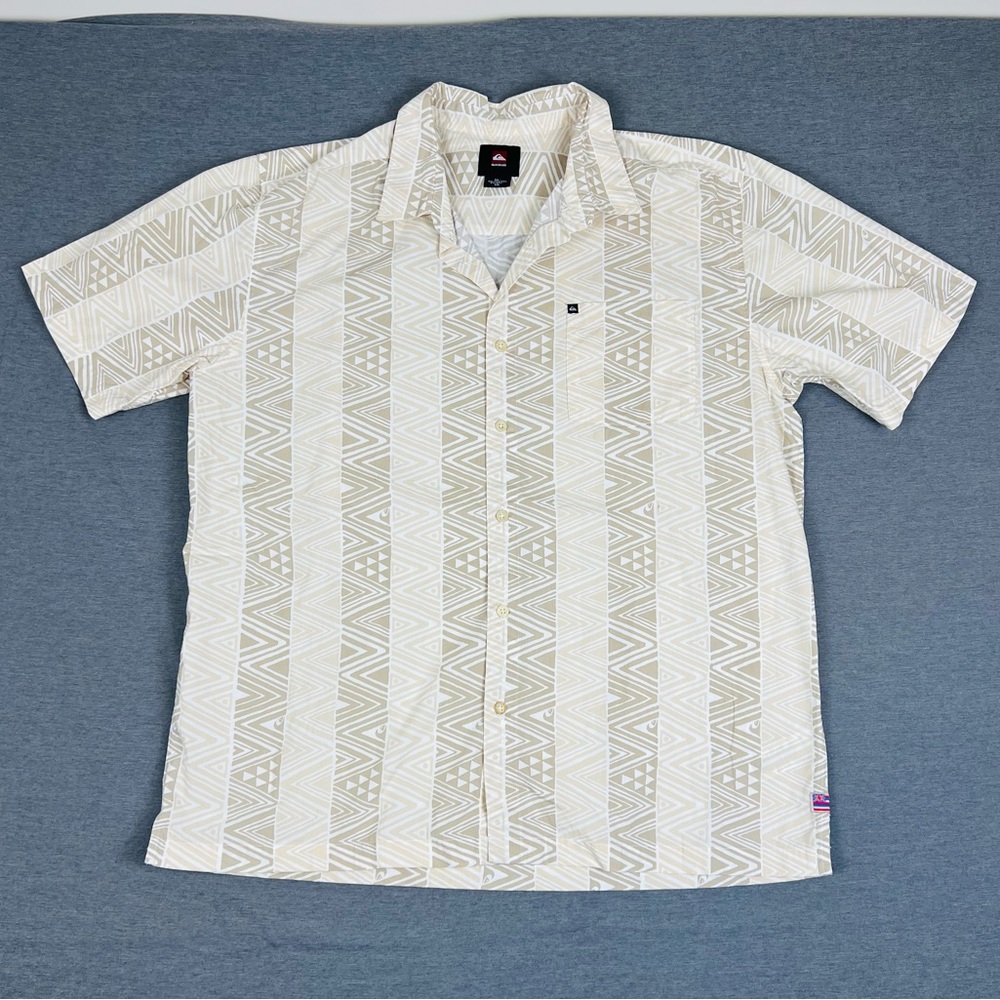 Quiksilver Men's Cream Tan Geometric Aloha Shirt Vintage